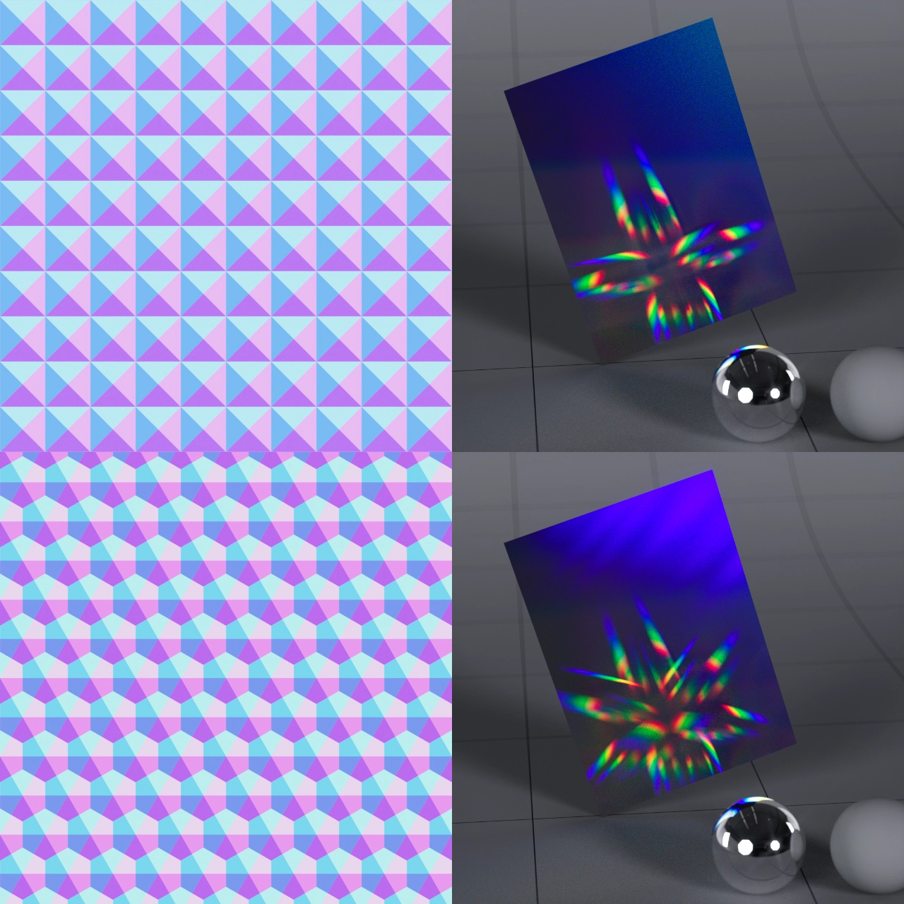 LCD screen diffraction gratings using both square and hexagonal grids